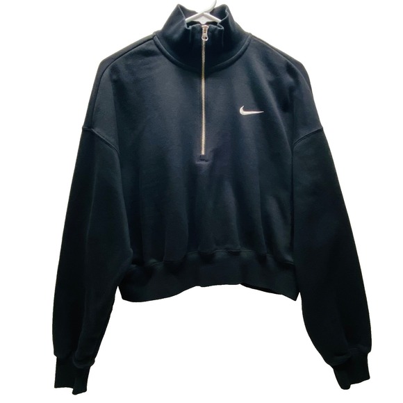 Nike Tops - Nike Cropped 1/2 Zip Fleece Women's Large Black Logo Activewear Sweatshirt READ